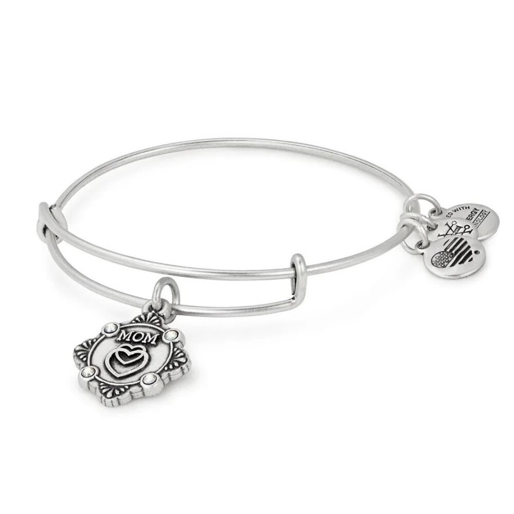 Alex and Ani Because I Love You Mom Silver Tone Crystal-Accented Bangle Bracelet